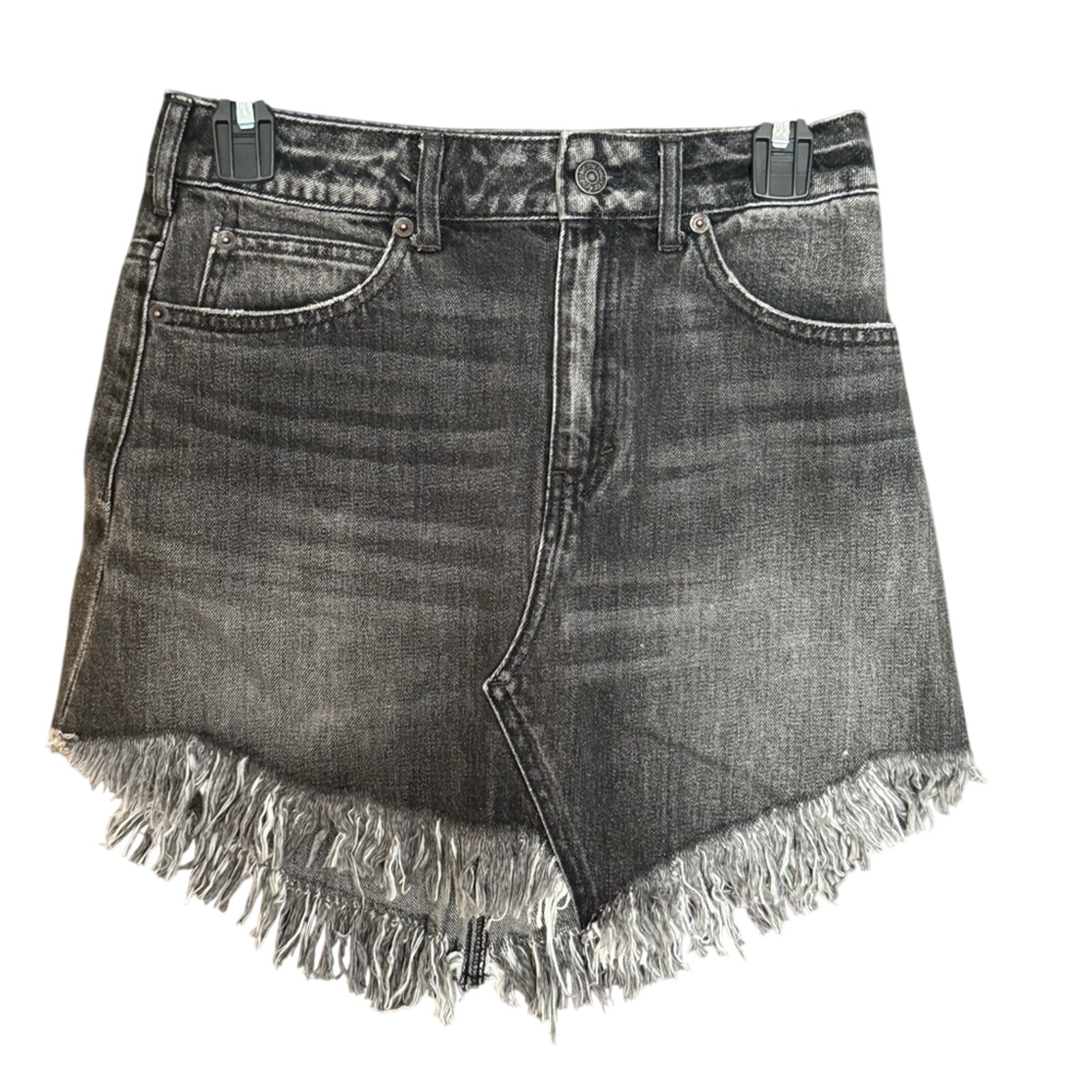 We The Free People Black Denim Jean Fringe Skirt Womens 25 Boho Grunge